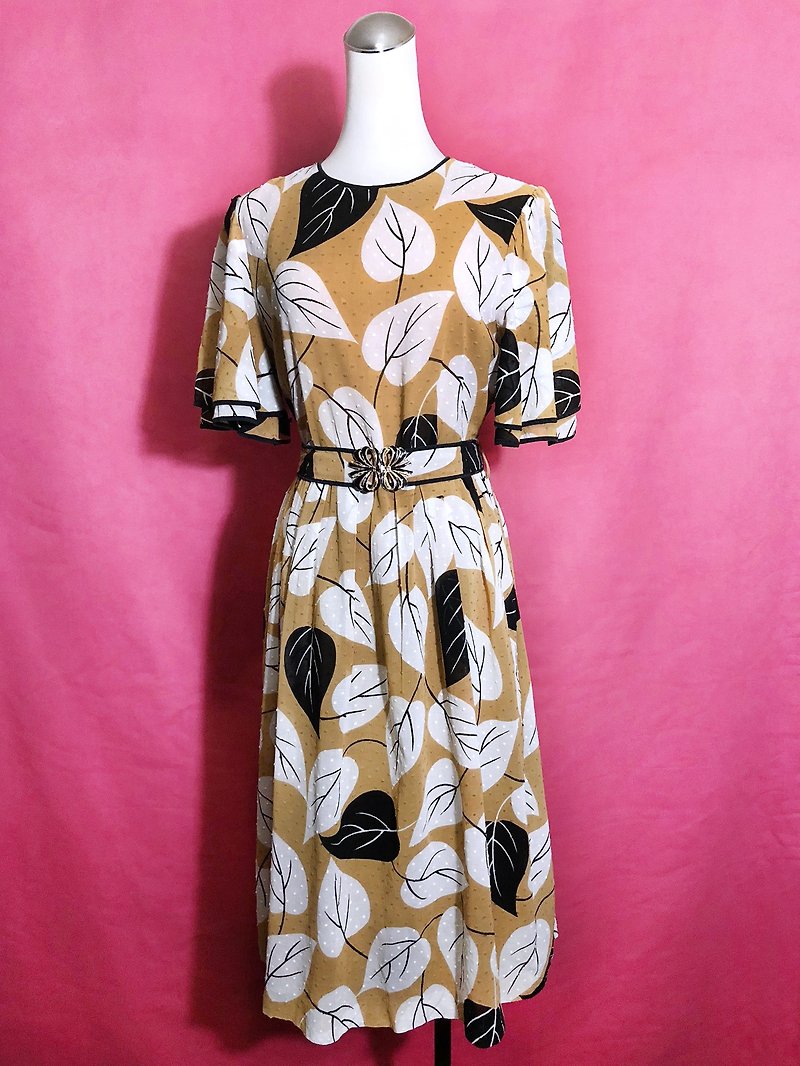 Leaf textured wide-sleeved short-sleeved vintage dress / brought back to VINTAGE abroad - ชุดเดรส - เส้นใยสังเคราะห์ หลากหลายสี