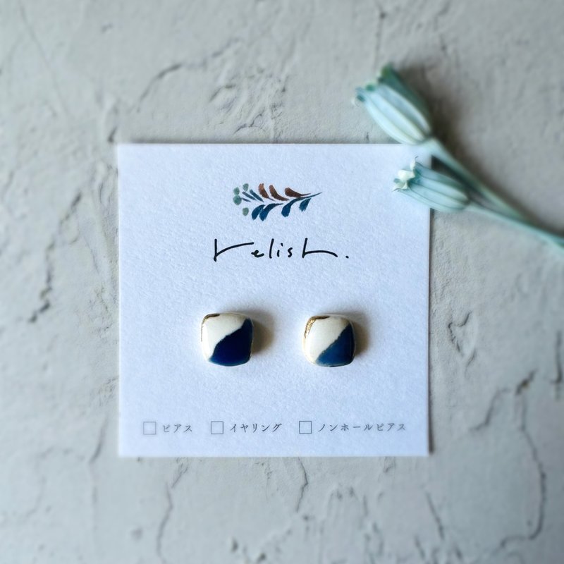 [Resale] Kintsugi Line Square Ceramic Pierced Clip-On Non-pierced Earrings Blue White Gold Lapis Lazuli Square Simple Gift - Earrings & Clip-ons - Pottery Blue