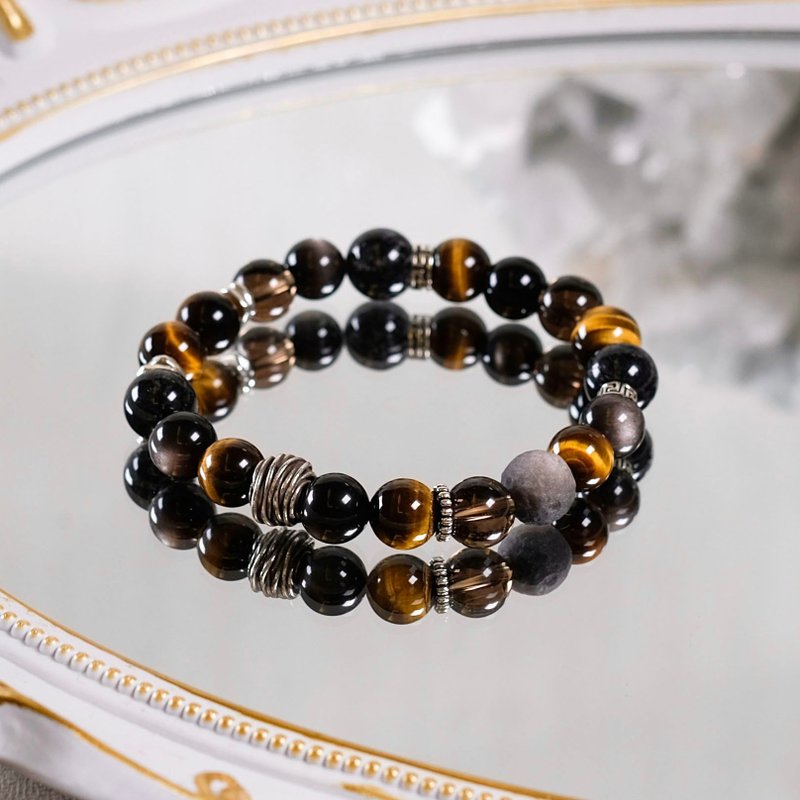 Lightning Yellow Tiger Eye Silver Obsidian Black Stone Quartz Citrine Bracelet Natural Mineral Crystal - สร้อยข้อมือ - เครื่องเพชรพลอย สีดำ