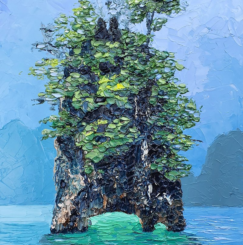 Phi Phi Islands Painting Seascape Original Art Thailand Bay Artwork Travel Beach - โปสเตอร์ - วัสดุอื่นๆ สีน้ำเงิน