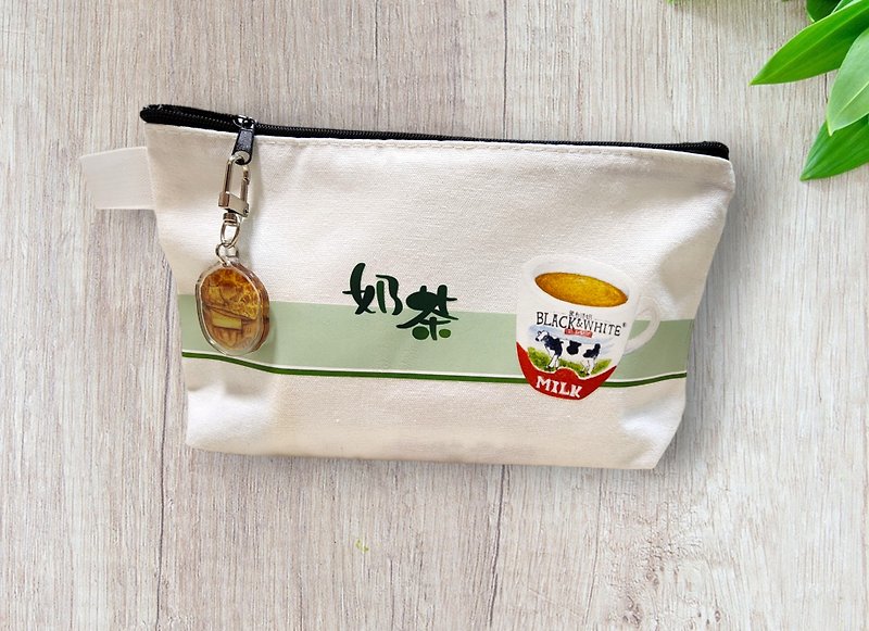 Hong Kong Tea Restaurant Series Black and White Milk Tea Bag Cosmetic Bag with Pineapple Oil Ornament - Toiletry Bags & Pouches - Other Materials White
