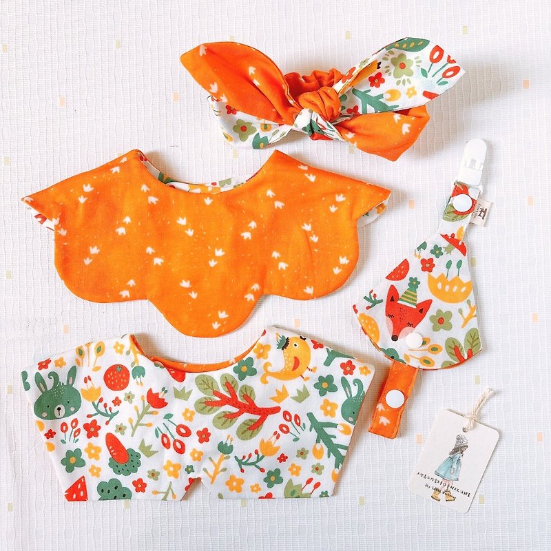 [Can be shipped quickly] Baby girl/Tangerine forest double-sided bib/headband/ pacifier chain/moon gift box - ของขวัญวันครบรอบ - ผ้าฝ้าย/ผ้าลินิน หลากหลายสี
