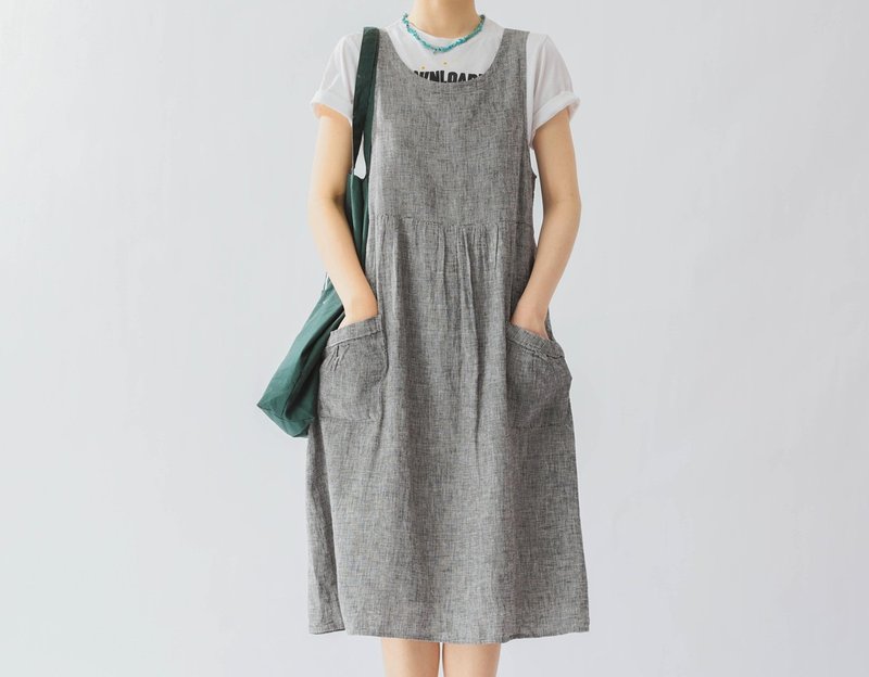 French Retro Art Deco Houndstooth Blended Vest Dress - ชุดเดรส - ผ้าฝ้าย/ผ้าลินิน สีเทา