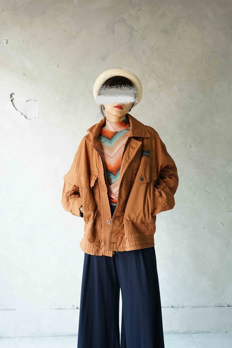 尋寶古著-復古磚黃多口袋工裝風格中性夾克外套 - 女大衣/外套 - 聚酯纖維 橘色