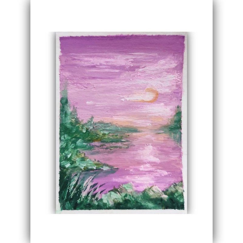 Original Aceo card Sunset Miniature Landscape Picture Gouache Art - Wall Décor - Paper Multicolor
