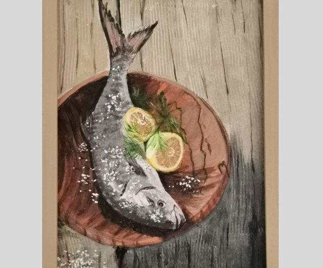 魚のキッチンの静物画 オリジナル額入りウォールアート 食べ物の