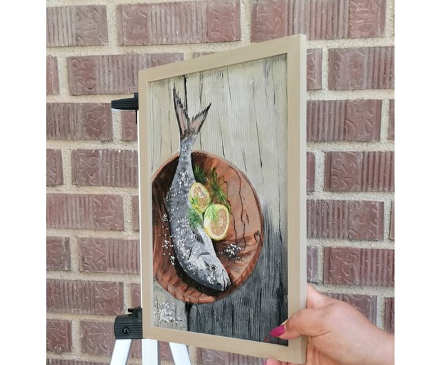 魚のキッチンの静物画 オリジナル額入りウォールアート 食べ物の