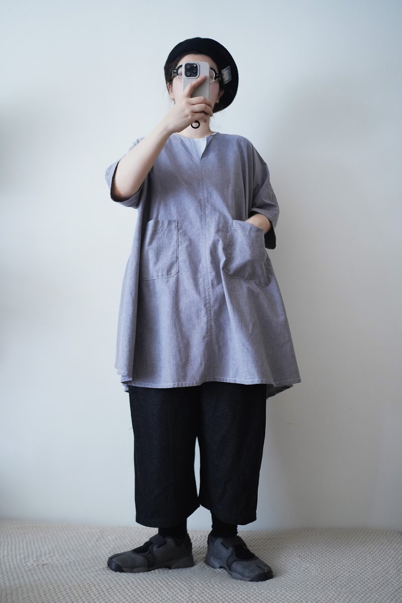 小開領素灰薄款傘狀洋裝 - 洋裝/連身裙 - 棉．麻 灰色