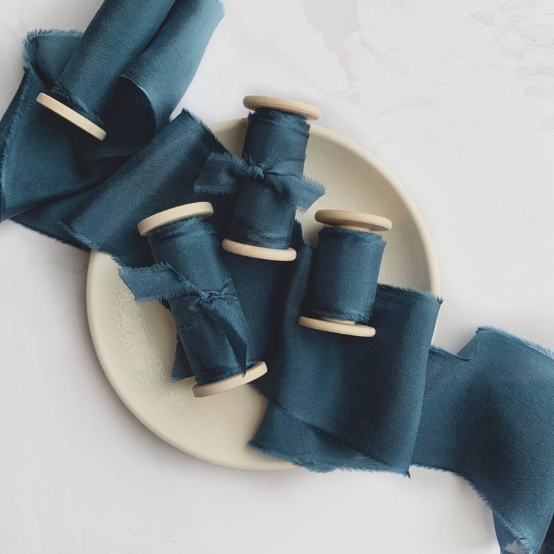 Deep Ocean Silk Ribbon | Hand Dyed Silk Ribbon on Wood Spool - 包裝材料/包裝紙 - 絲．絹 藍色