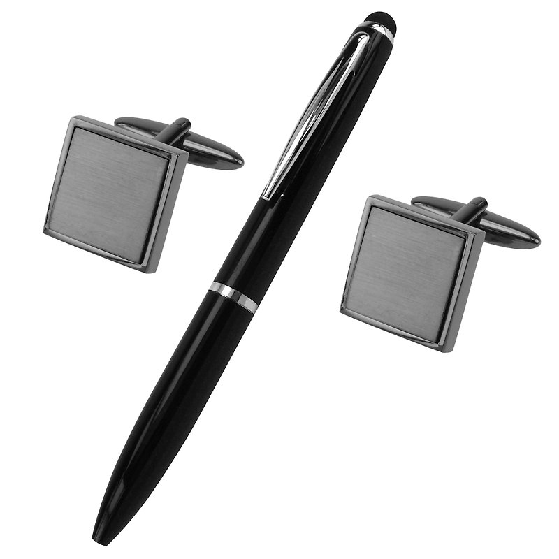 Brushed Gunmetal Square Cufflinks and Pen Set - กระดุมข้อมือ - โลหะ สีดำ