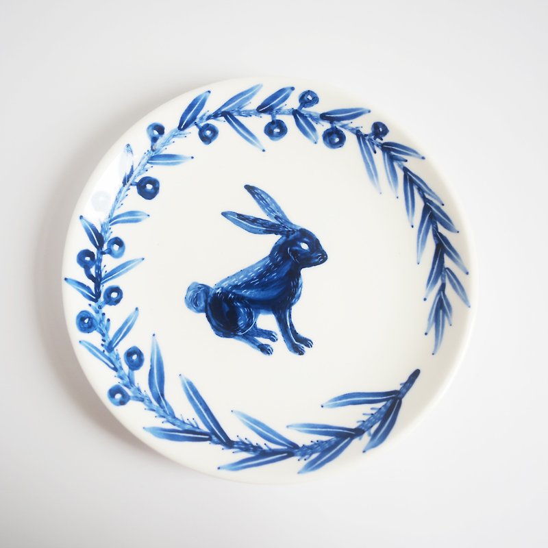 Hand-painted 6-inch Cake Plate Dinner Plate-Forest Friends Bunny - จานเล็ก - เครื่องลายคราม สีน้ำเงิน