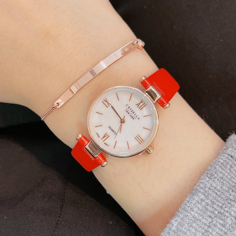 Minimalist Leather Watch with Silver Plate Bezel Crystal Bracelet Set - นาฬิกาผู้หญิง - โลหะ หลากหลายสี