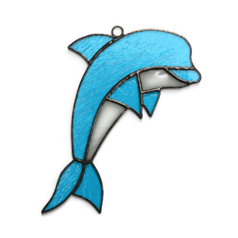 Dolphin Stained Glass Suncatcher Ocean Window Hanging, Nautical Home Wall Decor - Wall Décor - Glass Blue