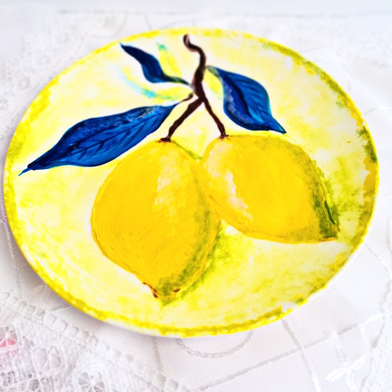 Plate Lemon Original Art Decorativ Plate Painting Citrus Fruit Room Decor Art - Plates & Trays - Porcelain Multicolor