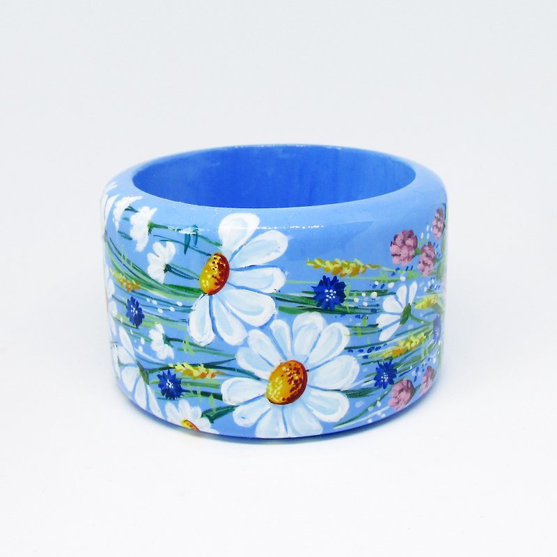 Hand Painted Wooden Bangle Bracelet With Summer Flowers