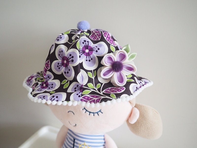 Handmade purple floral baby/ kid hat and hair clip gift set - ผ้ากันเปื้อน - ผ้าฝ้าย/ผ้าลินิน สีม่วง