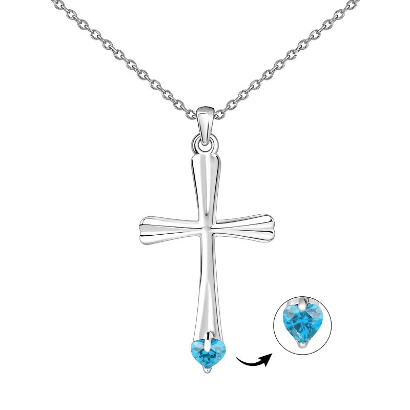 Cross Heart Sterling Silver Platinum Necklace 925 Sterling Silver Platinum Electroplated Sky Blue Diamond | Dear Like - สร้อยคอ - เงินแท้ สีน้ำเงิน