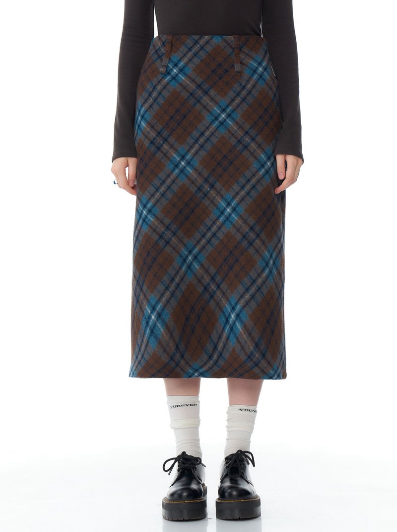 ziziFei autumn and winter American retro high waist slim blue and Brown plaid medium long wool plaid skirt for women - กระโปรง - วัสดุอื่นๆ สีนำ้ตาล