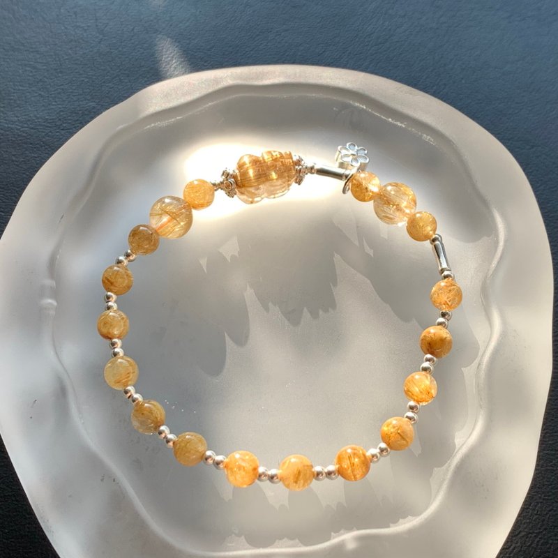 無料開光 天然ルチルクォーツブレスレット 満鉱石金運招来貔貅ブレスレット ゴールデンシルク~5mm、7mmルチルクォーツ - ブレスレット - クリスタル イエロー