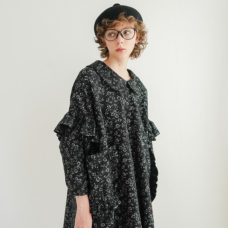 Black pattern flower dress long sleeve top-imakokoni - One Piece Dresses - Other Materials Black
