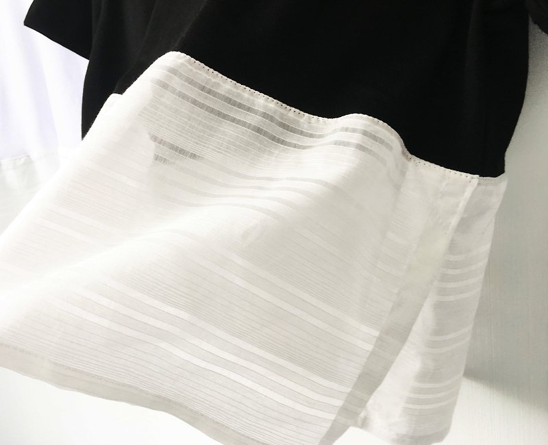 Wahr_黒と白のシルクのシャツラインと白 - Tシャツ - コットン・麻 
