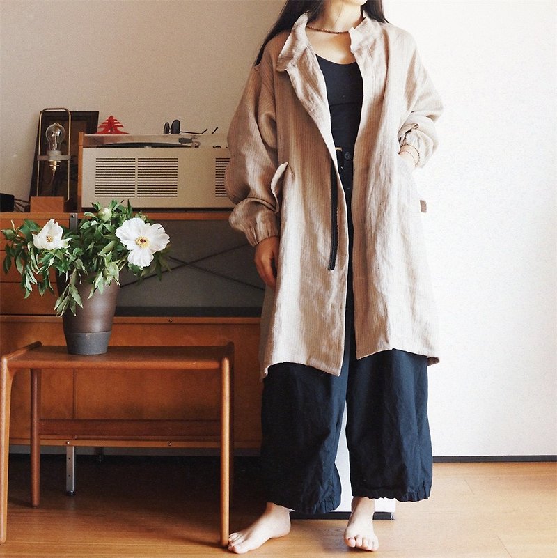 Light camel M65 parka unisex trench coat imported from Italy vertical striped sand-washed linen - Women's Casual & Functional Jackets - Cotton & Hemp Khaki