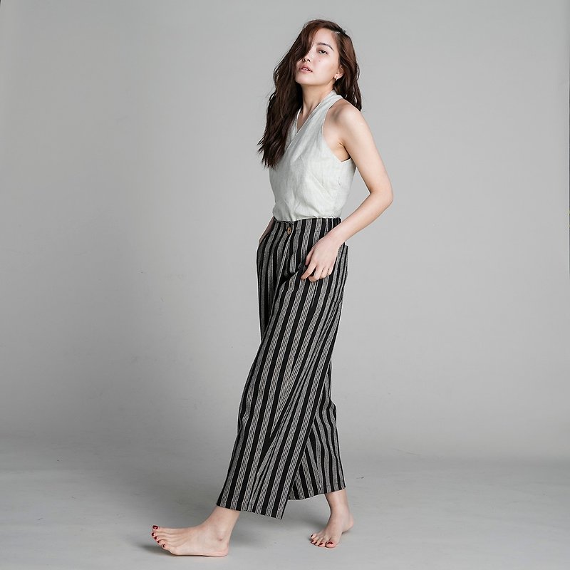 Culotte Trousers - Black Stripes - กางเกงขายาว - ผ้าฝ้าย/ผ้าลินิน สีดำ