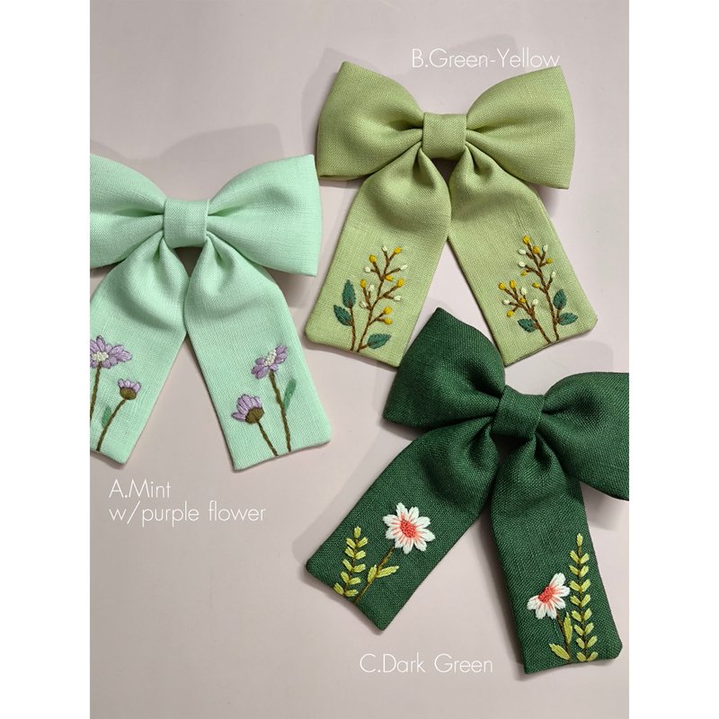 Embroidered Hair Bow #1Green - 髮夾/髮圈 - 棉．麻 多色