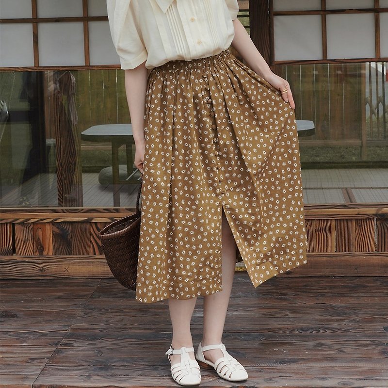 Ginger high waist elastic floral skirt|Skirt|Summer|Cotton|Sora-716 - กระโปรง - ผ้าฝ้าย/ผ้าลินิน สีเหลือง