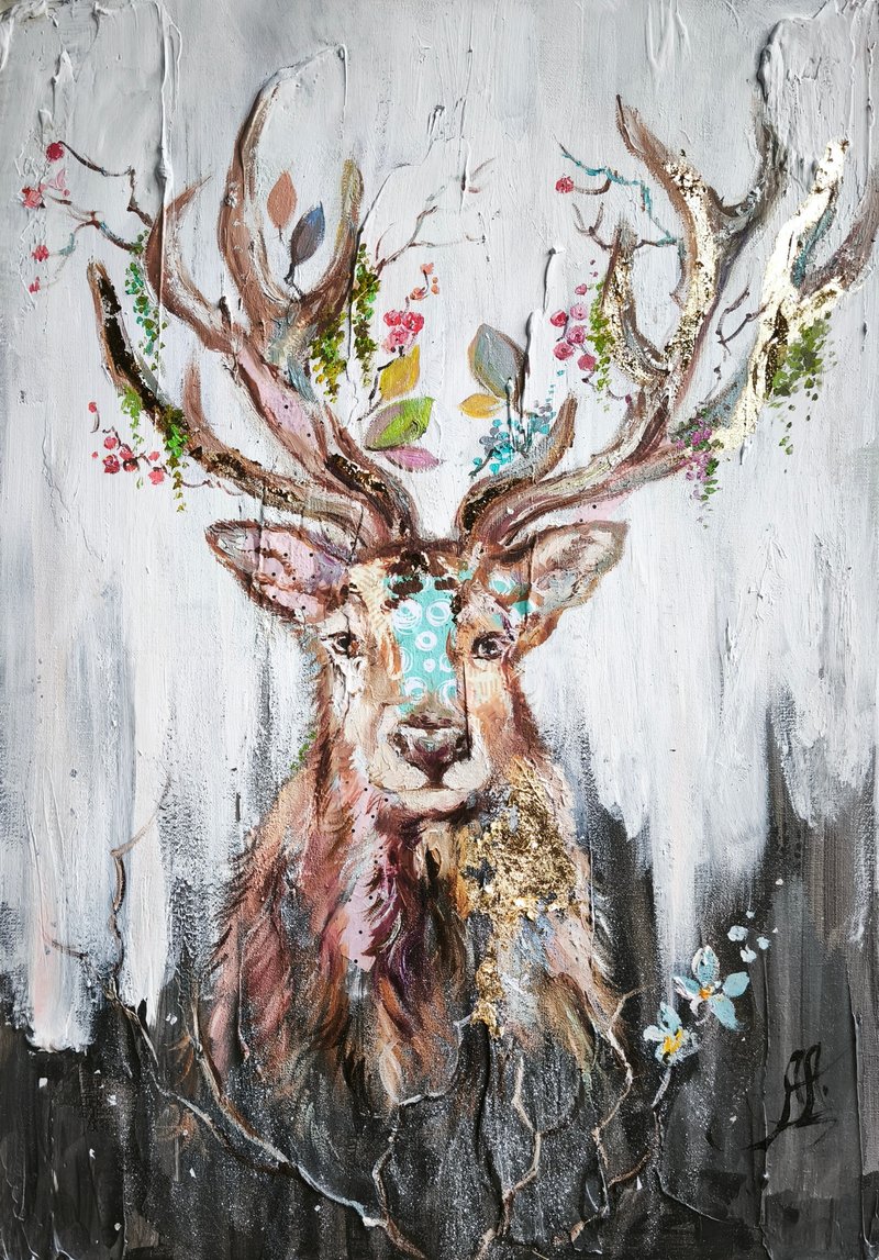 Nordic Floral deer painting, Animals wall art, Boho decor, Rustic Reindeer wall - ตกแต่งผนัง - วัสดุอื่นๆ สีเทา