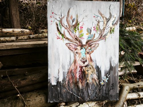 トナカイ　動物　アクリル画　絵画 北欧の花の鹿の絵画、動物の壁アート、ボヘミアンの装飾、素朴な