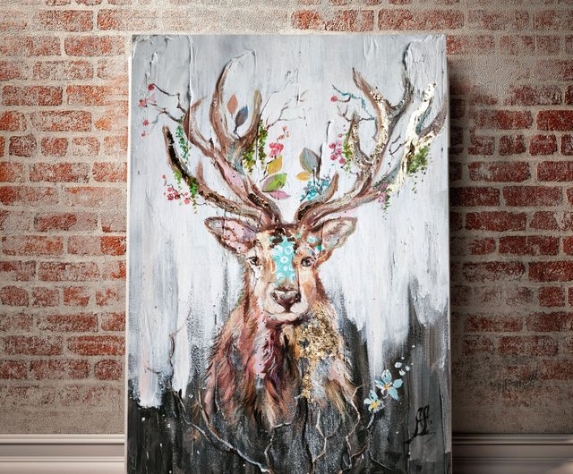 北欧の花の鹿の絵画、動物の壁アート、ボヘミアンの装飾、素朴な