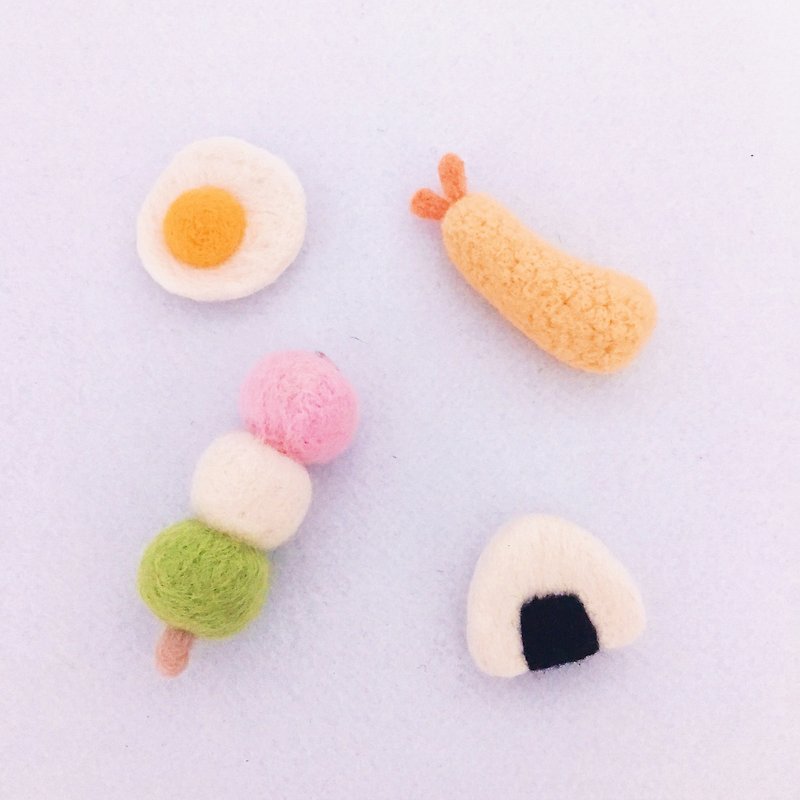 Wool felt pin charm three-color dumplings fried shrimp and rice balls poached eggs - เข็มกลัด - ขนแกะ หลากหลายสี