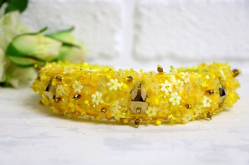 Designer beaded jewelry by Mariya Klishina Yellow headband with flowers Bridal gentle tiara Diadem for girls