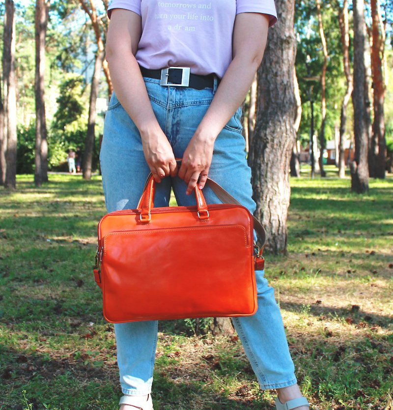 Laptop bag, leather shoulder bag, orange leather men&#x27;s bag, satchel