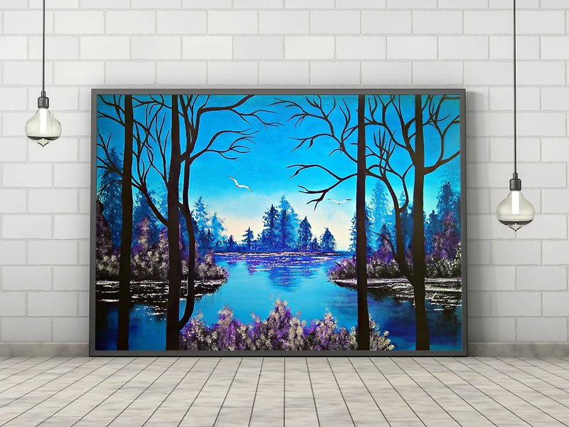 大藍山水湖畫布藝術 - 壁貼/牆壁裝飾 - 棉．麻 藍色
