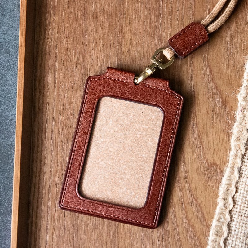 Vegetable tanned handmade leather ID card holder with neck strap cognac color id card holder - ID & Badge Holders - Genuine Leather Brown