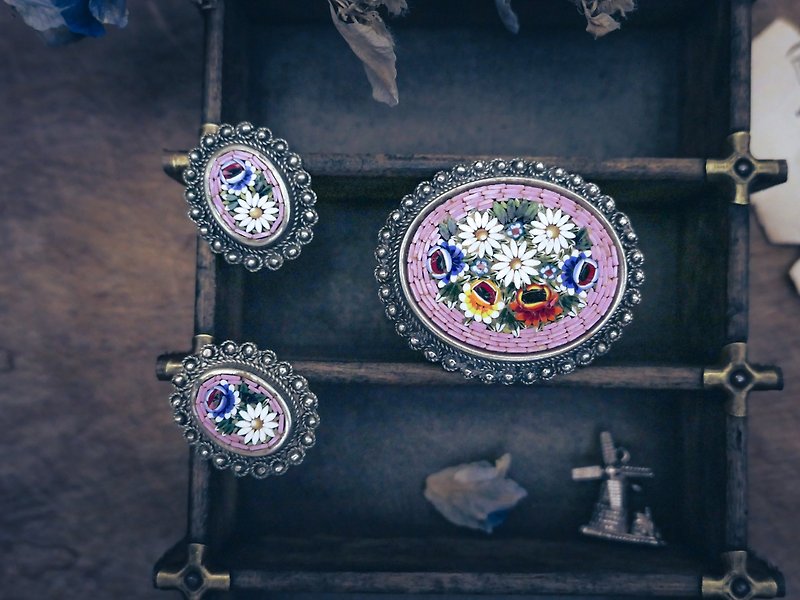 義大利微砌馬賽克套組 粉紅花園 胸針耳環—歐洲古董首飾 Vintage - 耳環/耳夾 - 銀 