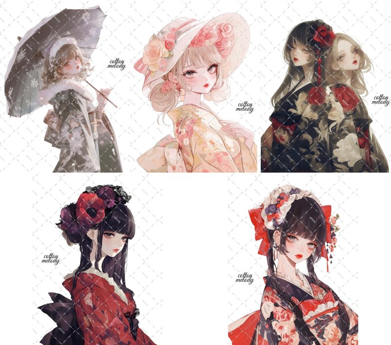 和柄 / 着物のみ / compact set / 25種類各3枚 / cotton melody / 人物ステッカー / 限定ノベルティ付 【女の子のみ】 - 貼紙 - 紙 