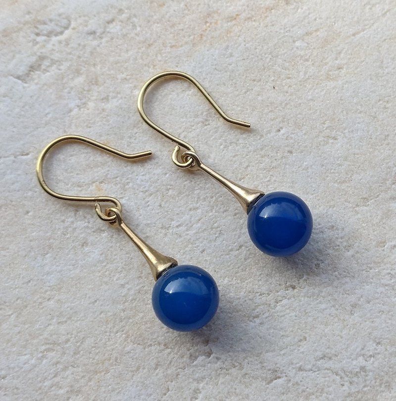 Brass and Natural Stone Earrings - ต่างหู - เครื่องเพชรพลอย สีน้ำเงิน