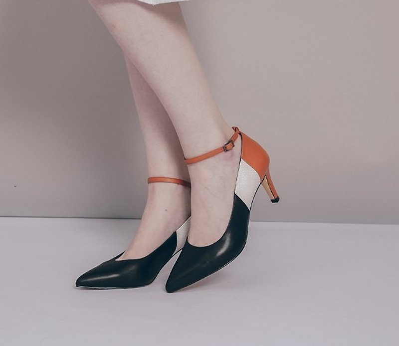 【 出清商品SALE】撞色拼皮 繞踝細跟鞋(可拆式)  黑橘 - 高跟鞋/跟鞋 - 真皮 黑色