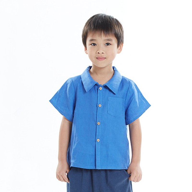 L0227 boys shirt collar short-sleeved shirt - ultramarine - Other - Cotton & Hemp Blue
