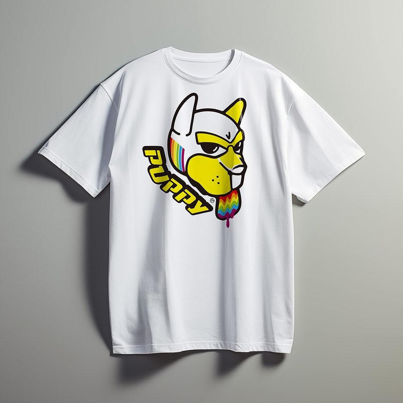 動物插畫T | 彩虹狗 | 白色款印花T Shirt - 男装 T 恤 - 棉．麻 白色