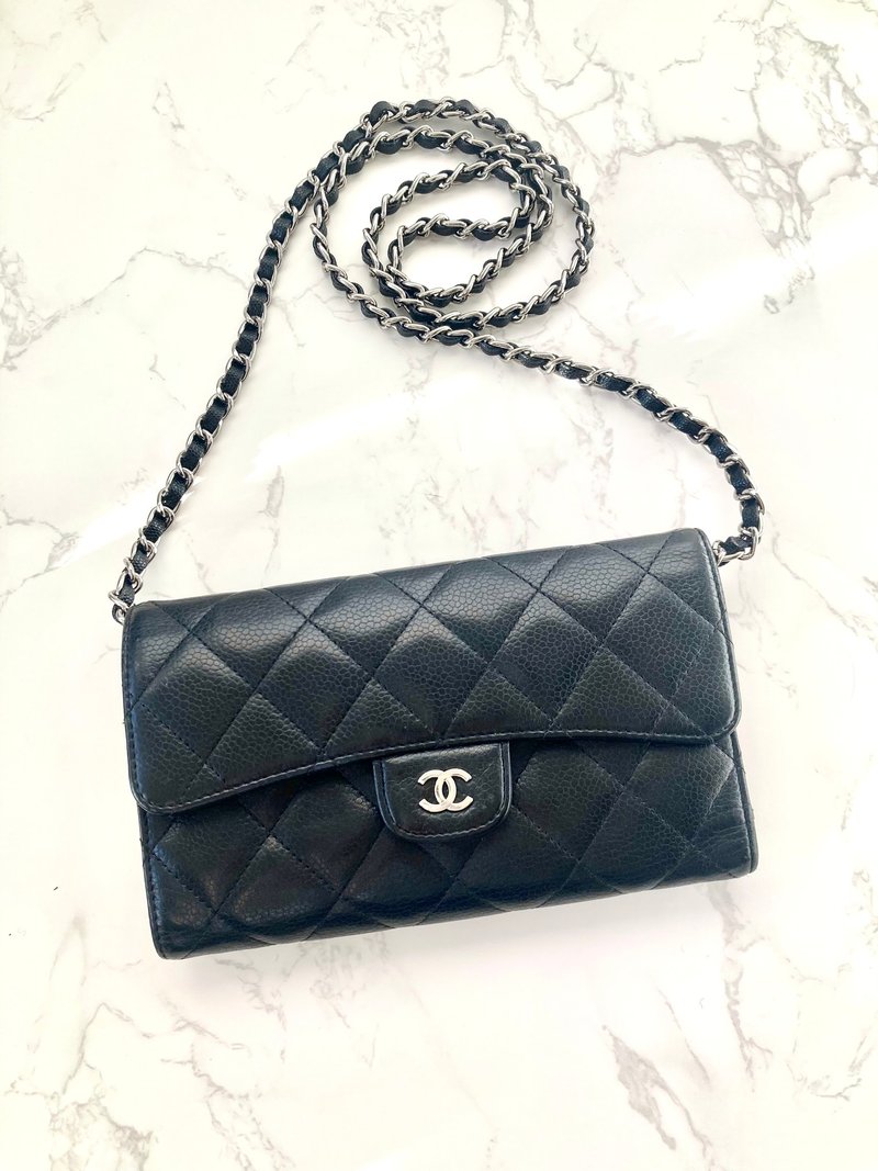 中古二手Chanel黑銀色魚子醬皮革WOC長夾錢卡包小手袋側斜背單肩 - 側背包/斜背包 - 真皮 黑色