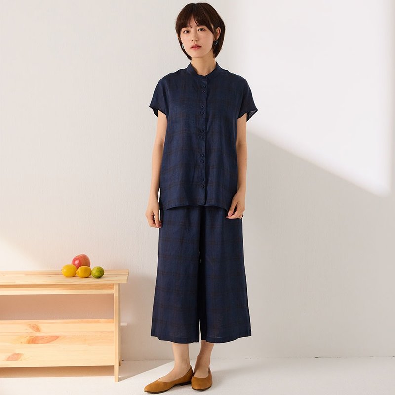 日系棉麻格紋連袖襯衫套裝-共2色 - 睡衣/居家服 - 棉．麻 多色