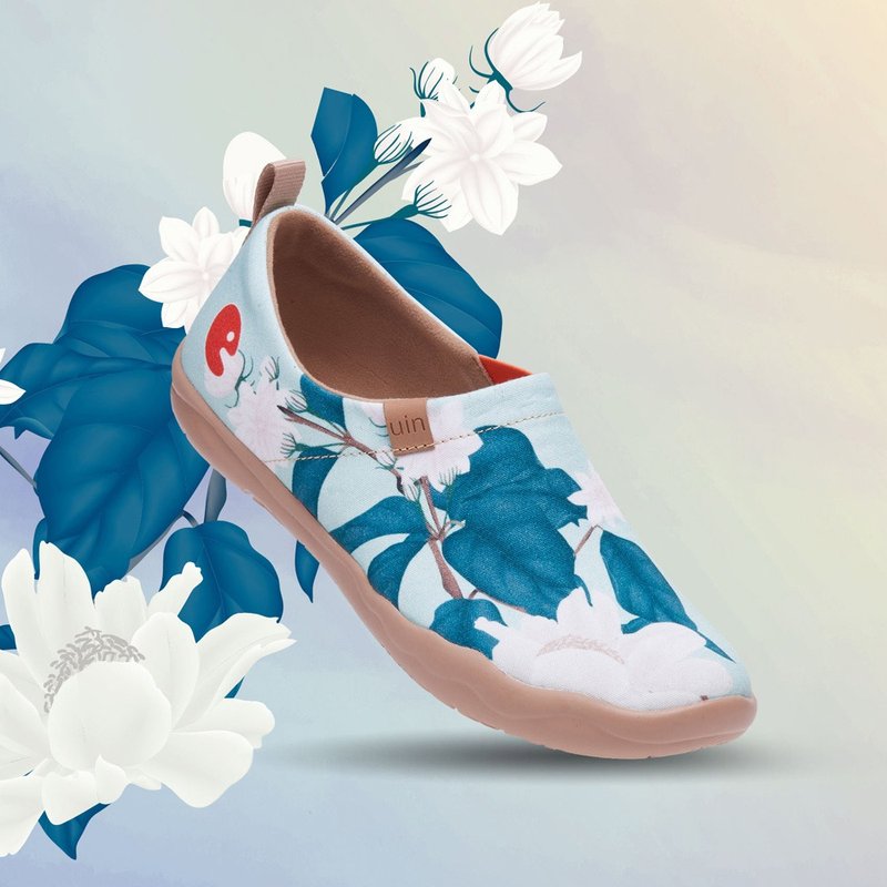 【Uin】Spanish Original Design | Mint and Peony Painted Casual Women's Shoes - รองเท้าลำลองผู้หญิง - วัสดุอื่นๆ ขาว