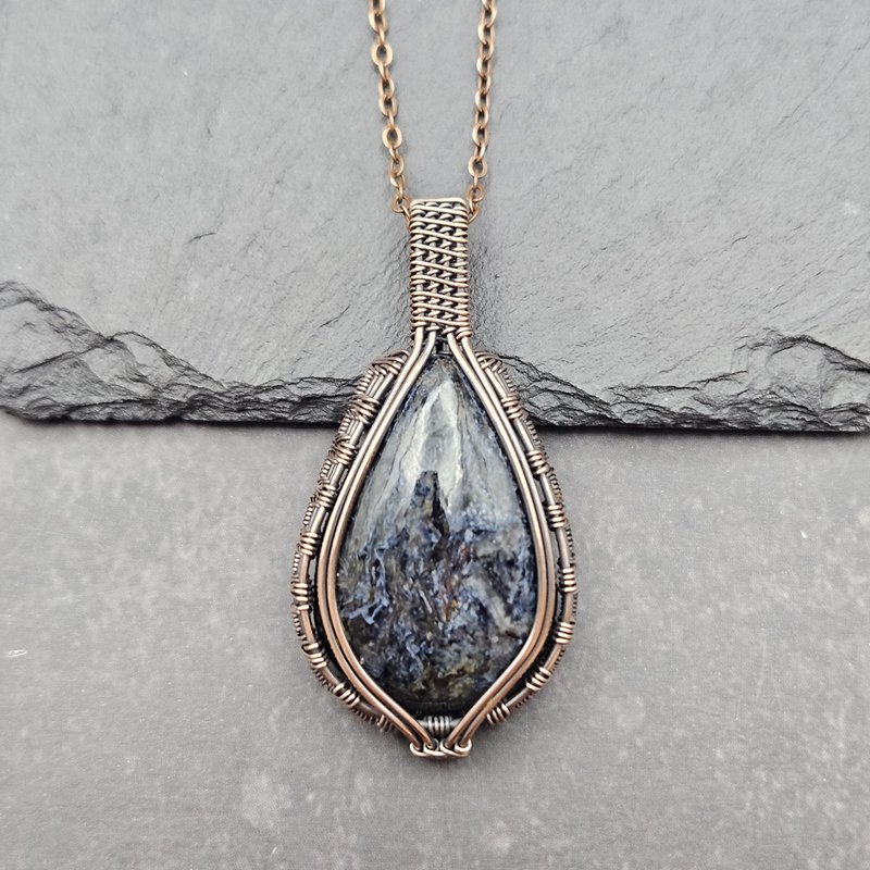 Pietersite Wire Wrapped Pendant , Copper , Oxidized - Necklaces - Copper & Brass Blue