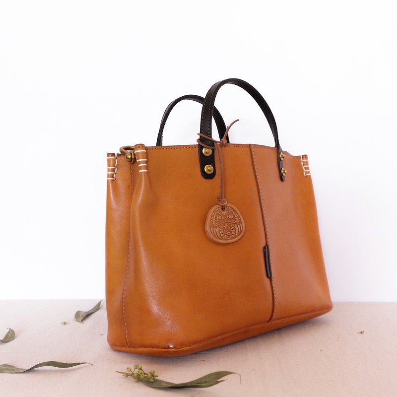 2way plant tanned cowhide handbag crossbody shoulder commuter bag camel - กระเป๋าแมสเซนเจอร์ - หนังแท้ สีส้ม