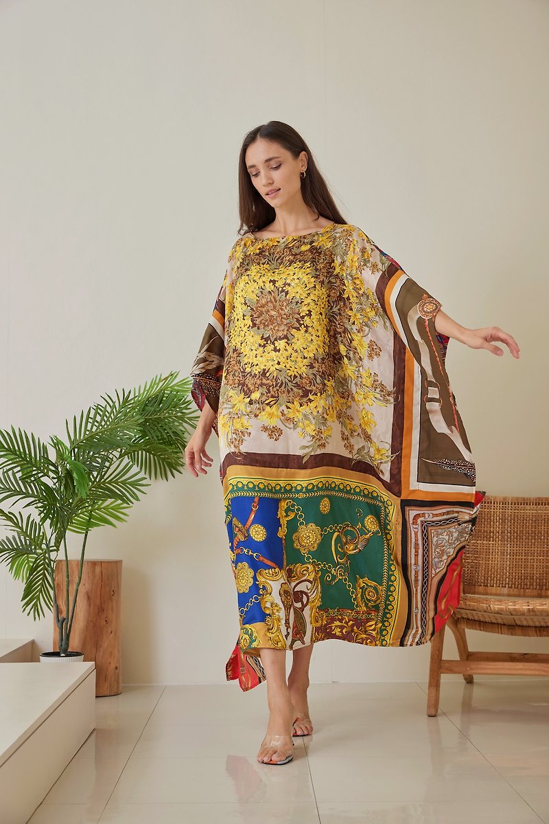 絲．絹 洋裝/連身裙 金色 - Silk Scarves Patchwork Kaftan, Women Plus Size, Floral Vintage, Designer Caftan
