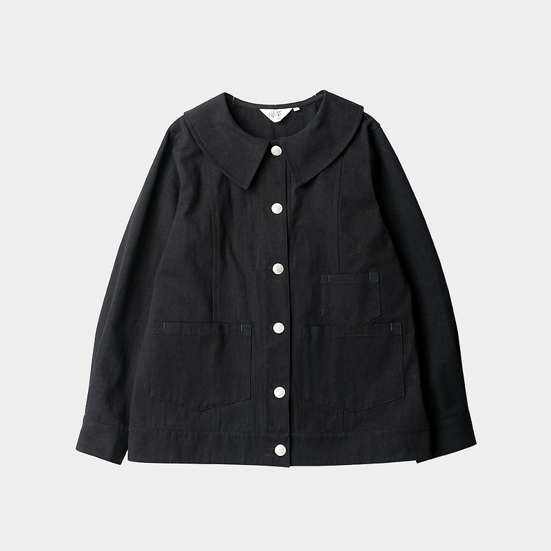 Black sand wash cotton tooling coat retro doll collar short coat No.565 - Women's Casual & Functional Jackets - Cotton & Hemp Black